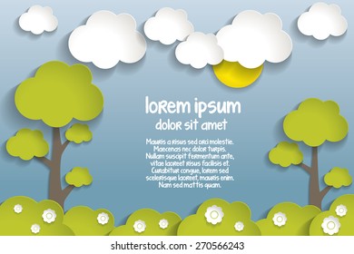 Green field with green trees and with clouds with striped blue texture. Abstract vector background.