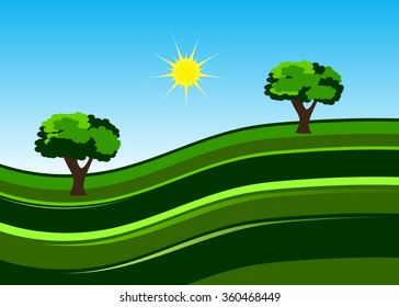 A green field and two trees against the blue sky and the sun