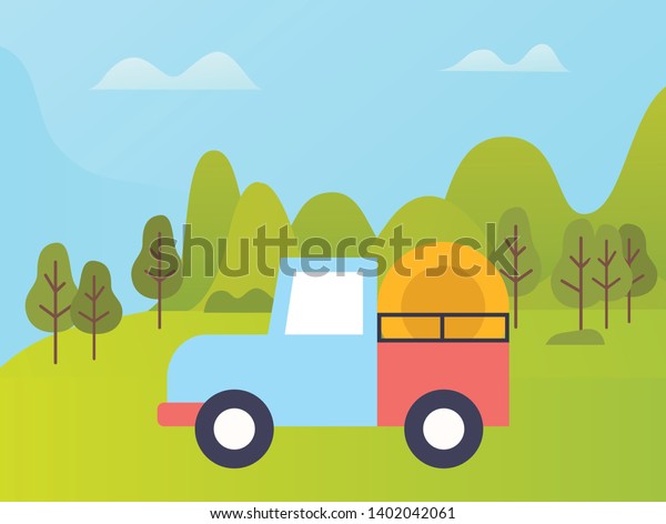 Green field vector, truck transporting grain to\
destination, hay bales in machine. Greenery of forest and meadows,\
industrial agriculture,\
farming