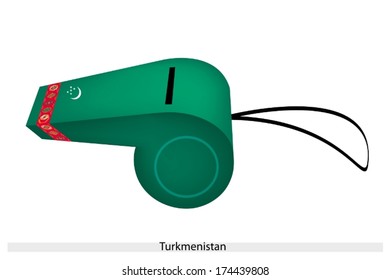 A Green Field with A Vertical Red Stripe Containing Five Carpet Guls of Turkmenistan Flag on A Whistle, The Sport Concept and Political Symbol.  