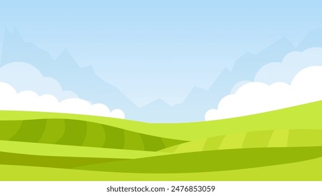 Green field and white clouds cartoon landscape