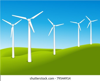 Green field with wind turbines