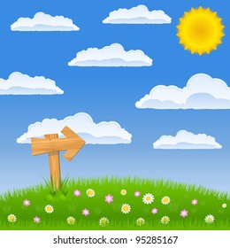 Green field with wooden arrow sign and blue with sun and clouds, vector illustration
