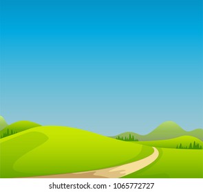 Green fields and blue cloudless sky. Beautiful vector landscape background with fresh grass, pine forest, country road and space for text