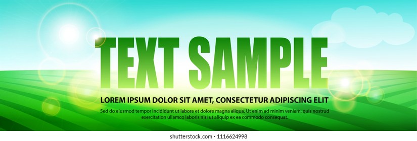 Green fields, blue sky, bokeh, hills, clouds on background for headline text. Farming spring or summer. Agriculture concept. Used for workflow layout. Fields of soybean. Vector rural farm landscape.