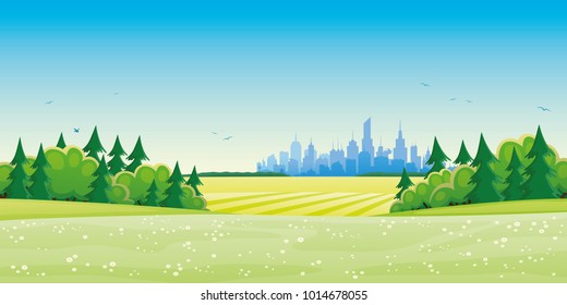 Green fields and city on the horizon.