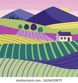 Campos verdes y casa del granjero. Paisaje de agricultura ecológica. Terreno rural, Ilustración vectorial de montañas.
