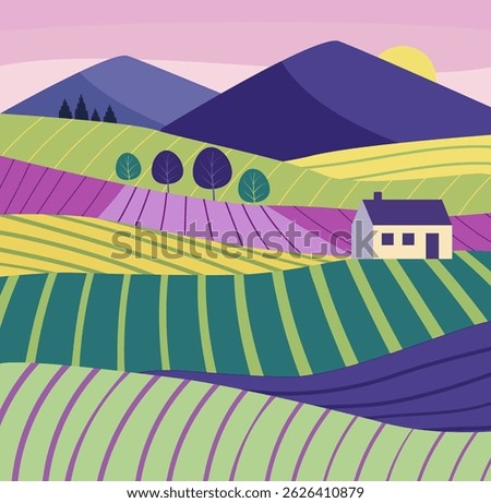 Green fields and farmer house. Organic agriculture farming landscape. Countryside land, mountains Vector illustration.