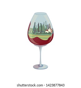 Green fields inside a wine glass. Vector illustration on white background.