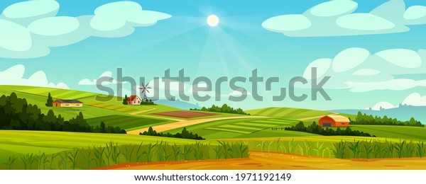 Green fields landscape of farmland, barns and\
farms, rural houses and windmills. Vector pasture with buildings,\
green grass, meadows and trees, blue sky on background. Country\
agriculture farmland