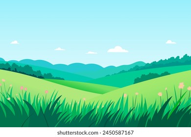 Campos verdes y prados Ilustración vectorial paisajística. Paisaje sencillo de campos verdes naturales con exuberante hierba y flores de verano. Paisaje natural de verano. Flores de primavera en el prado.