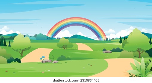 Green fields with mountains with rainbow in the background.