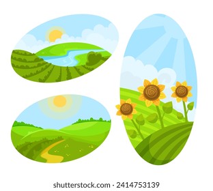 Green Fields and Pasture with Grass and Sunflower Vector Set