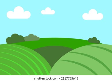 Imagen de campos verdes. Cielo azul. Signo de entorno. Concepto de naturaleza. Papel de caricatura. Ilustración vectorial. Imagen de archivo. 