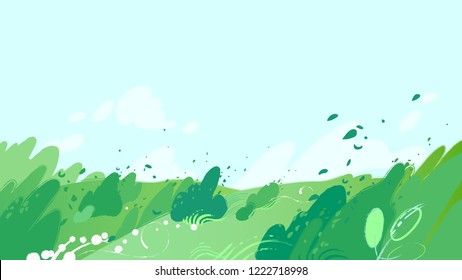 Green fields with strong wind blowing out leaves from the bushes and sky with clouds. Vector graphic