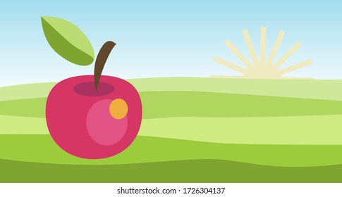 Green fields, the sun. Icon, apple sign. Vector illustration.