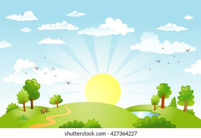The green fields, the sun on the horizon