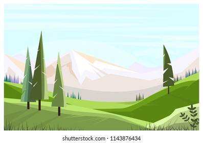 Green fields with tall trees vector illustration. Mountain range in background. Nature illustration