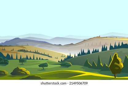 Green fields with trees and mountains. Vector illustration
