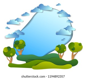 Green fields and trees scenic landscape of summer with clouds in the sky, frame background with copy space,  paper cut illustration, holidays in countryside, travel and tourism theme.  
