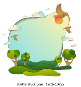 Green fields and trees scenic landscape of summer with clouds birds and sun in the sky, frame background with copy space,  paper cut illustration, holidays in countryside, travel and tourism theme.