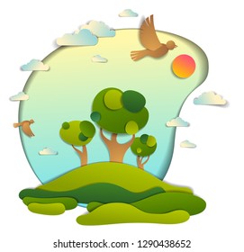 Green fields and trees scenic landscape of summer with clouds birds and sun in the sky, paper cut style childish illustration, holidays in countryside, travel and tourism theme.