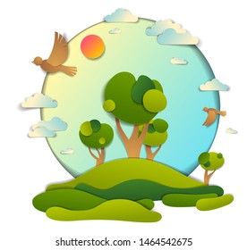 Green fields and trees scenic landscape of summer with clouds birds and sun in the sky, paper cut style childish illustration, holidays in countryside, travel and tourism theme.