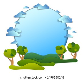 Green fields and trees scenic landscape of summer with clouds in the sky, frame background with copy space,  paper cut illustration, holidays in countryside, travel and tourism theme.  