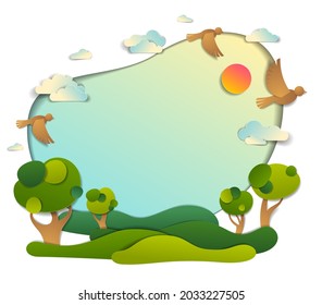 Green fields and trees scenic landscape of summer with clouds birds and sun in the sky, frame background with copy space,  paper cut illustration, holidays in countryside, travel and tourism theme.