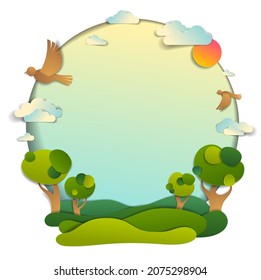 Green fields and trees scenic landscape of summer with clouds birds and sun in the sky, frame background with copy space,  paper cut illustration, holidays in countryside, travel and tourism theme.