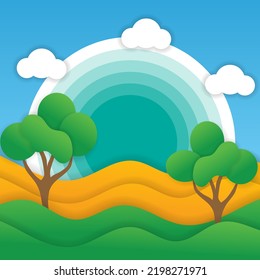 Green fields and trees scenic landscape of summer with clouds in the sky with paper cut style. - Vector.