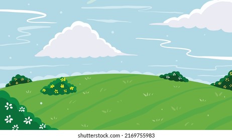 Green fields vector illustration, with flat cartoon style. Fields with blue sky and clouds, green and peaceful background.