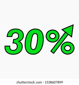 The Green Figure Is 30 Percent Increase. Price Increase Icon. Sales. Profit Growth. Increase Revolutions. The Increase In Interest In The Bank. Quality Improvement. Icon Of Internet Shops. Vector Icon