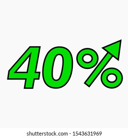 The green figure is 40 percent increase. Price increase icon. Sales. Profit growth. Increase revolutions. The increase in interest in the bank. Quality improvement. Icon of internet shops. Vector icon