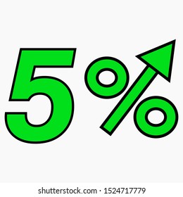 The green figure is 5 percent increase. Price increase icon.  Sales. Profit growth. Increase revolutions. The increase in interest in the bank. Quality improvement. Icon of internet shops. Vector icon