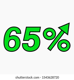The green figure is 65 percent increase. Price increase icon. Sales. Profit growth. Increase revolutions. The increase in interest in the bank. Quality improvement. Icon of internet shops. Vector icon