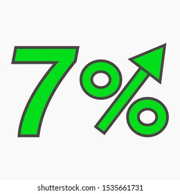 The green figure is 7  percent increase. Price increase icon. Sales. Profit growth. Increase revolutions. The increase in interest in the bank. Quality improvement. Icon of internet shops. Vector icon