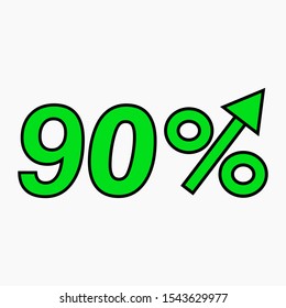 The green figure is 90 percent increase. Price increase icon. Sales. Profit growth. Increase revolutions. The increase in interest in the bank. Quality improvement. Icon of internet shops. Vector icon