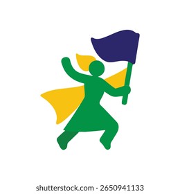 Green figure running with flag cape in Brazil colors on Proclamação da Republica