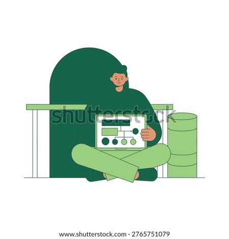Green figure sits cross legged while using a handheld electronic device with screen and controls