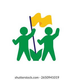 Green figures holding flag with yellow banner blue pole on Brazil Proclamação da Republica