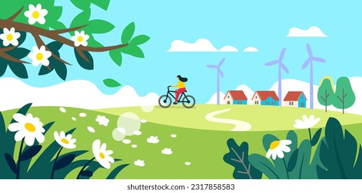 Green filds with flowers. Daisies and houses. Eco village. Summer landscape.