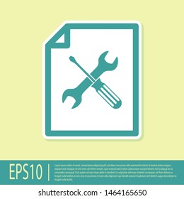 Green File document with screwdriver and wrench icon isolated on yellow background. Adjusting, service, setting, maintenance, repair, fixing.  Vector Illustration