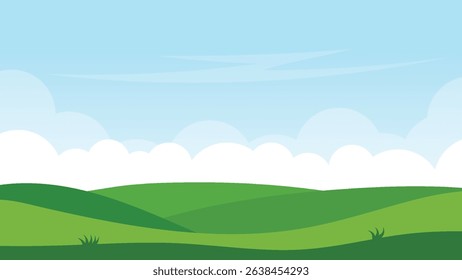 green filed with white cloud and blue sky. landscape cartoon background scene