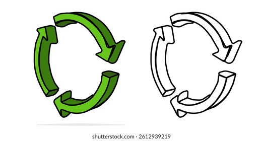 Green filled circular arrow system made up of three curved arrows forming a cycle. Outline version of the recycling or refresh arrows in black and white line art. Used for product package.
