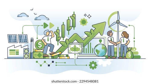 Green finance and impact investing for sustainable business outline concept. Environmental investment evaluation with renewable resources consumption vector illustration. Economy and climate goal.