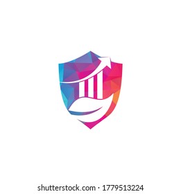 Green finance leaf shield shape concept logo template with profit bar. Business investment logo
