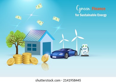 Green finance, money loan for sunroof home and EV car for positive environmental to low carbon emissions. Co2 emission reduction, renewable and reuse natural resources for sustainable environment.