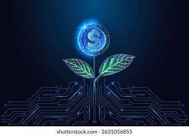 Conceito de financiamento verde e investimento sustentável com flor de dólar brilhante crescendo a partir de placa de circuito digital em fundo azul escuro. Estilo de poli baixo futurista, ilustração vetorial abstrata.