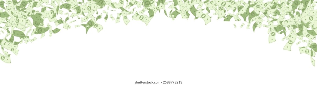 Green Finance Vector White Panoramic Background. Flying Money Banner. Cartoon Swirl Currency Flyer. Monetary Jackpot Business Certificate.